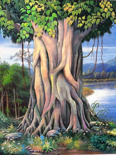 Buddah Images, Pipal Tree, Walls Painting, Big Tree, Hindu Art, Art Painting Acrylic, Wall Paint, Mother Earth, Buddhism