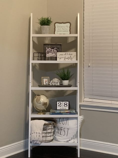 What To Put On A Ladder Shelf, 5 Tier Ladder Shelf Decor, Hobby Lobby House Decor Ideas, Shelving Ideas Bedroom Small Rooms, Ladder Shelf Office, Ladder Shelf Decor Dining Room, 3 Tier Shelf Decor Living Rooms, 5 Shelf Decor Ideas, Tier Shelf Decor Living Rooms