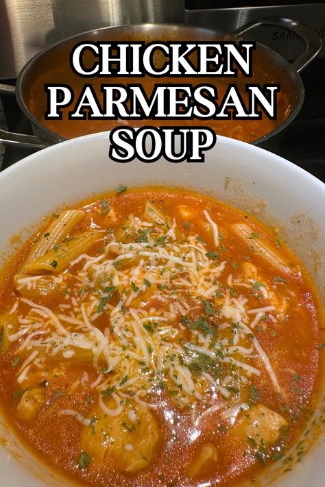 Comfort in a bowl! This Chicken Parmesan Soup is a cozy blend of savory chicken, rich tomato, and melty cheese—perfect for warming up on a chilly day. Tomato And Chicken Soup, Crockpot Chicken Parm Soup, Chicken Breast Recipes Soup, Tomato Chicken Soup, Parmesan Soup Recipe, Chicken Parmesan Soup Recipe, Chicken Parmesan Soup, Chicken Tomato Soup, Green Bean Casserole Bacon