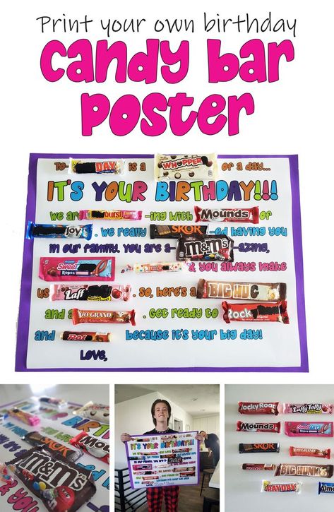 Here's a printable PDF download to make you very own birthday candy bar poster without hardly any effort. Just download and print the birthday poster PDF, buy your candy and attach. Super easy and your son, daughter, husband or wife will thank you later. candy gram | candy poster | birthday candy poster | birthday decorations | kids birthday gift ideas Candy Posters Birthday, Birthday Candy Poster For Husband, Birthday Candy Card Ideas, 50th Birthday Candy Bar Poster, Turning 80 Candy Poster, 13 Birthday Candy Poster, Birthday Poster With Candy Bars, 30th Birthday Candy Poster, 70th Birthday Candy Bar Poster