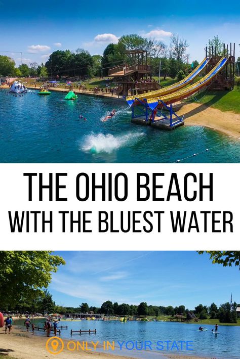 This beautiful lake beach in Ohio has a waterpark with slides, camping, kayaking, and more. It's perfect for a summer vacation or a family friendly getaway. Cat Transport, Day Trips In Ohio, Ohio Getaways, Ohio Attractions, Ohio Destinations, Ohio Vacations, Ohio Travel, Lake Beach, On The Road Again