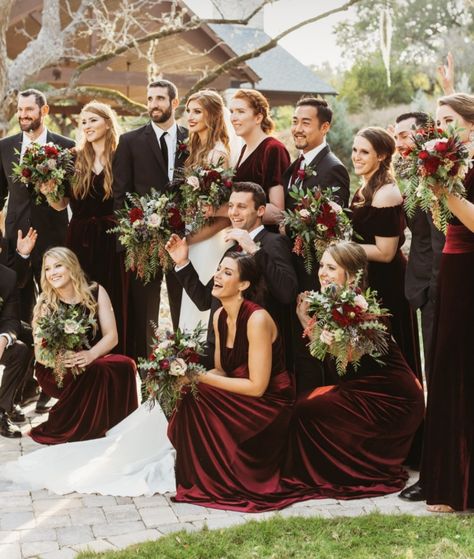 Cabernet Wedding Colors Bridesmaid Dress, Burgundy Bridesmaid Dresses Velvet, Velvet Burgundy Bridesmaid Dress, Christmas Wedding Party Attire, Cabernet Wedding Colors, Oxblood Wedding, Burgundy Bridal Party, Sparkle Bridesmaid Dress, Wedding Schemes