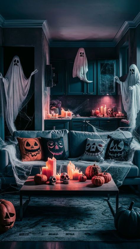 Halloween Theme Decorations Indoor, Home Halloween Decor Ideas, Small Living Room Halloween Decor, Inside Halloween Decor Living Room, Apartment Halloween Decor, Halloween Decor Diy Indoor, Spooky Living Room, House Room Design, Fall Apartment