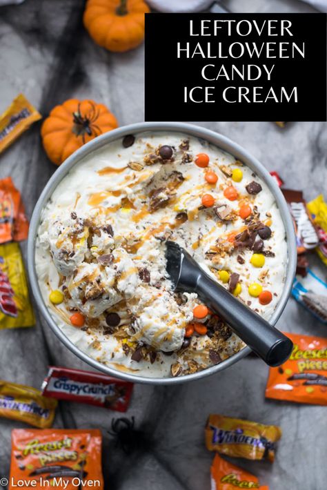 Wondering what to do with leftover Halloween candy? This Halloween ice cream is an easy way to use up those mini chocolate bars and smarties! Cool, creamy and delicious! // halloween ice cream ideas // leftover Halloween candy recipes Halloween Ice Cream Bar, Halloween Ice Cream Ideas, Fall Ice Cream Recipes, Fall Ice Cream Flavors, Thanksgiving Ice Cream, Leftover Halloween Candy Recipes, Ice Cream Ideas, Fall Ice Cream, Halloween Candy Recipes