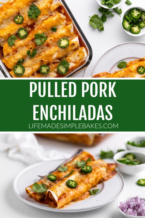 This Pulled Pork Enchiladas recipe is a twist on a classic Mexican dish. Filled with onions, cheese, and jalapenos, it is sure to be a hit with your family! Pulled Pork Enchiladas Green, Food With A Twist, Pulled Pork Enchiladas, Asian Steak Bites, Pork Enchiladas, Creamy Pasta Bake, Healthy Baked Chicken, Mexican Dish, Enchiladas Recipe