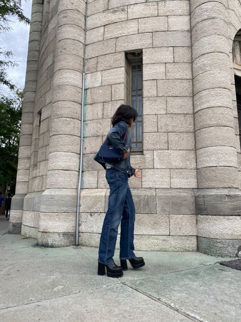 cool boy wearing an all denim outfit with platform boots in front of a vintage building Platform Boots With Pants, Black Platform Heel Boots Outfit, Baggy Jeans With Platform Boots, Platform Boots And Jeans Outfit, Chunky Boot Outfit Ideas, Black Platform Boot Outfit, Platform Boots Jeans Outfit, Denim Platform Boots, Black High Heel Boots Outfit Jeans