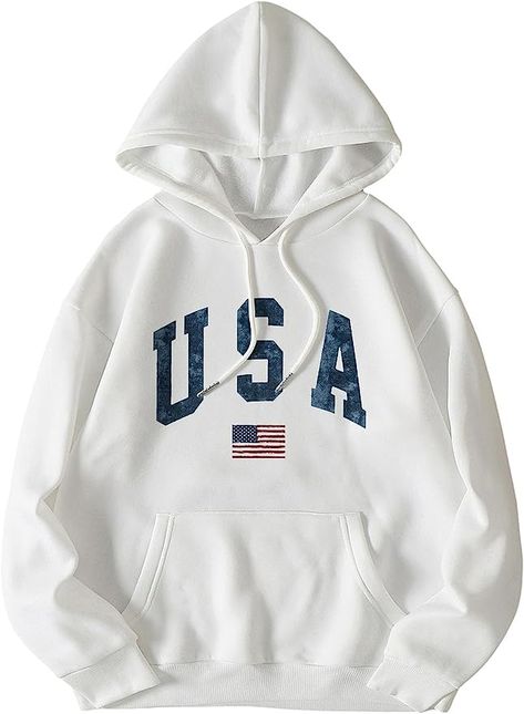 White Fashion Casual, Girl Trends, American Flag Print, Lined Hoodie, Printed Drawstring, Tops Fall, Drawstring Hoodie, Casual Hoodie, Perfect Shirt