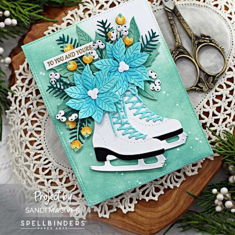 Spellbinders Skating Into the Holidays Die Cut Card - Sandi MacIver - Card making and paper crafting made easy Spellbinders Christmas Cards 2024, Embossing Projects, Spellbinders Christmas Cards, Stash Ideas, Spellbinders Dies, Christmas Ice Skates, Die Cut Card, Christmas Card Inspiration, Spellbinders Cards