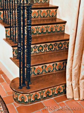 Stair Risers with "Scepter" "Isis" "Ibiza" decos Tile On Stair Risers, Spanish Revival Decor, Mosaic Stairs, Tile Artwork, Hardwood Stairs, Stair Riser, Iznik Tile, Contemporary Tile, Tile Stairs