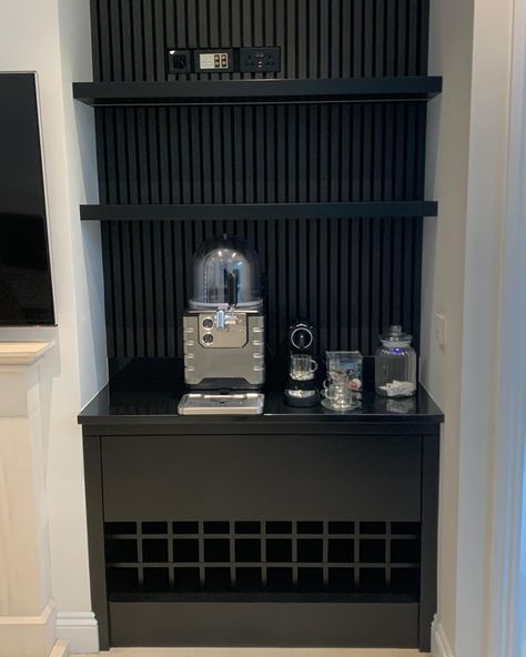 Finished in Matt black, bar shelving unit with wine rack. Designed and fitted by @thecarpenter_jeff spray finish by @concept.coatings #barunitdesignsforhome #bardesign #bespokefurniture #sprayingfurniture Bar With Wine Rack, Bar Shelving, Indoor Bar, Bar Black, Black Bar, Home Bar Decor, Bespoke Furniture, Wine Bar, Bar Design