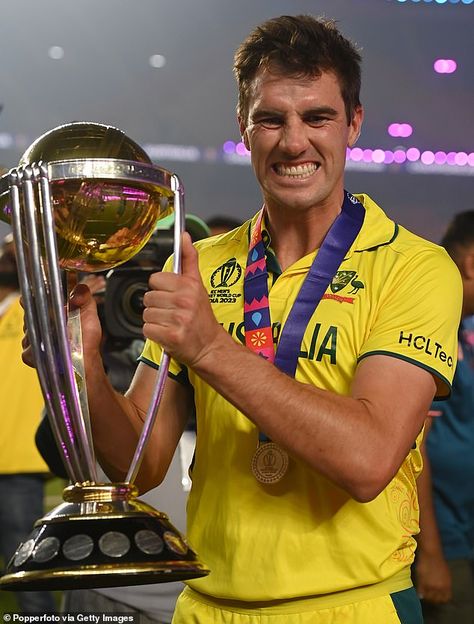 Cummins (pictured celebrating with the World Cup trophy) has hailed coach Andrew McDonald's brave decision to keep Travis Head in the squad after he broke his hand Travis Head, Australia Cricket Team Wallpaper, Cricket World Cup Trophy, 83 World Cup Cricket, India Team Cricket World Cup, Mitchell Marsh, Australia Cricket Team, Indian Cricket Team T20 World Cup 2022, Cricket Time