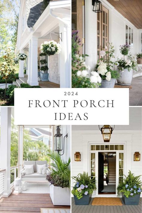 Beautiful summer front porch decor ideas for 2024, with flower pots, decor, front garden borders, front yard landscaping, hydrangeas, boxwood topiaries, outdoor ideas, bushes in front of house, and more Front Garden Ideas Hydrangea, Elegant Porch Ideas, Front Side Porch Ideas, White House Front Porch Ideas, Landscape Design Front Of House Porch Ideas, Classy Front Porch Decor, Spring Porches Ideas, Florida Front Porch Ideas, Front Porch Topiary Ideas