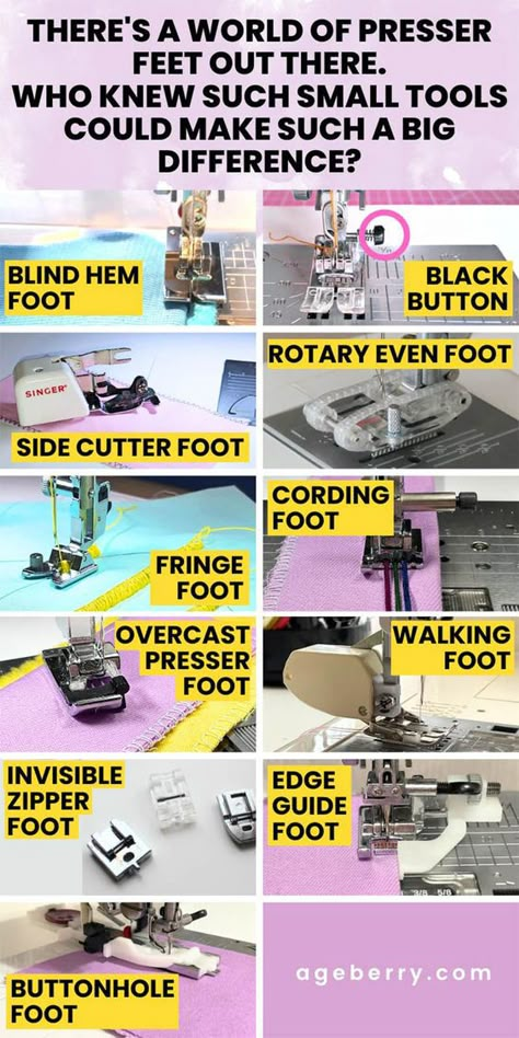 Curious about the different sewing machine presser feet? This friendly guide is all you need to navigate the choices with ease.It covers many types of presser feet, including the edge guide foot, fringe foot, side cutter presser foot, invisible zipper foot, walking foot, rotary even foot, buttonhole foot, overcast foot, blind hem foot, and cording foot. The guide explains the purpose of each foot, how it is used, and the benefits it offers for sewing projects. Different Sewing Machine Foots, Sewing Machine Feet For Quilting, Sewing Feet Guide Types Of, Sewing Foot Guide, Sewing Machine Feet Guide Cheat Sheets, Sewing Machine Feet And How To Use Them, Presser Foot Guide, Sewing Machine Feet Guide, Sewing Machine Cover Diy