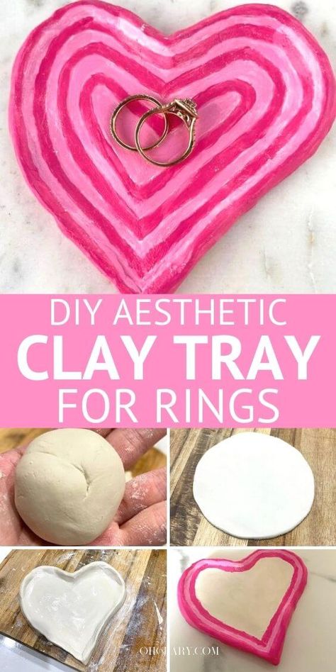 DIY Aesthetic Clay Tray for Rings- Clay Heart Dish, Easy Diy Aesthetic, Homemade Jewelry Holder, Aesthetic Tray, Polymer Clay Projects Diy, Craft Night Party, Clay Aesthetic, Clay Jewellery Holder, Diy Necklace Holder