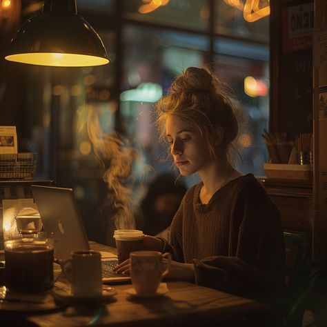 Cozy Coffee Moment: A woman sits engrossed in her laptop with a steaming cup of coffee in a warmly lit cafe. #woman #laptop #coffee #cafe #warmth #aiart #aiphoto #stockcake ⬇️ Download and 📝 Prompt 👉 https://ayr.app/l/Nv7C Woman Coffee Photography, Coffee Shoot, Cozy Photoshoot, Coffee Shop Photoshoot, Cozy Photography, Steaming Cup Of Coffee, Coffee Moment, Coffee Shop Branding, Dark Vibes