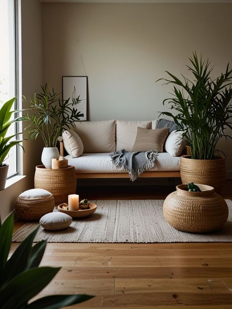 A serene meditation space in a living room with indoor plants like aloe vera and peace lilies, designed for relaxation and mindfulness practice. Yoga Nook Small Spaces, Small Yoga Space At Home, Yoga Space Ideas, Zen Living Room Decor, Office Meditation Room, Meditation Space At Home, Zen Office Space, Small Meditation Room, Yoga Nook