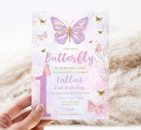 Party Central: Kid's Birthday Bash Invite Butterfly First Birthday, Butterfly Themed Birthday Party, Pastel Butterfly, Butterfly Invitations, Butterfly Birthday Party, Diy Invitation, Glitter Butterfly, Colorful Invitations, Pastel Butterflies