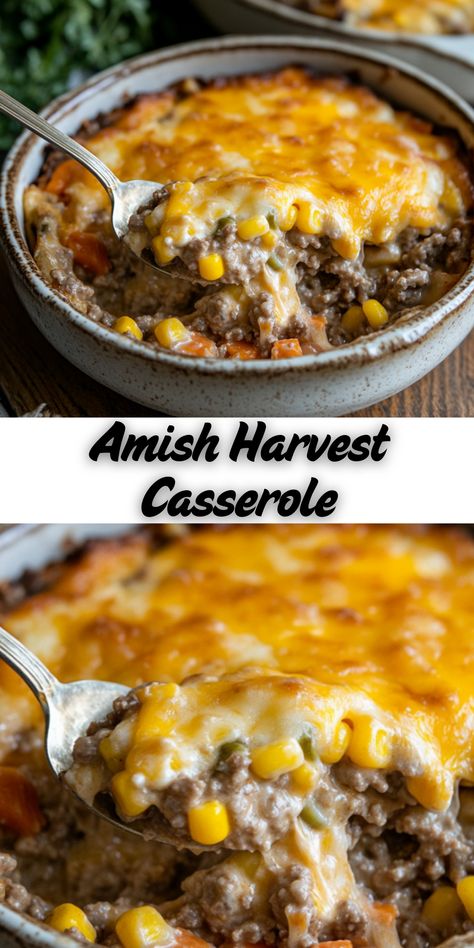 A hearty and comforting Amish Harvest Casserole made with ground meat, seasonal vegetables, rice, and a creamy sauce. This easy-to-make dish is perfect for Thanksgiving, potlucks, or cozy family dinners.