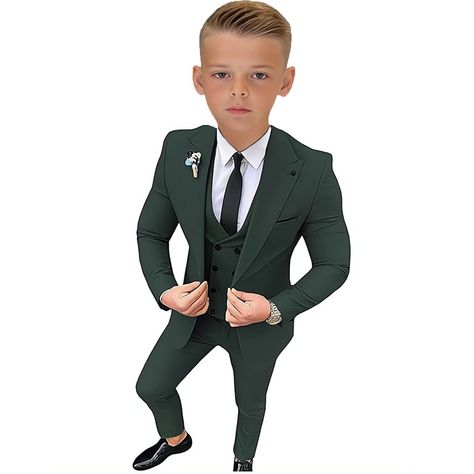 PRICES MAY VARY. Material :80% Polyester and 20% Viscose Button closure Dry Clean Only Material - The boys tuxedo suit are made of high quality 80% polyester and 20% Viscose, soft and comfortable, crisp, not easy to fold, good air permeability, to ensure your little boy dressing comfort to the maximum extent, is the best gift for your children! Design: kids tuxedo suit for boys,Peak Lapel,fashion v neck,one button,Chest side pocket,two real pockets,double-breasted vest,elastic waist,slim fit jac Kids Tuxedo Boys Wedding, Boys Suit Outfit Ideas, Suits For Kids Boys, Boys Dressy Outfits, Kids Dress Clothes, Kid Tuxedo, Suit For Boys, Suit 3 Piece