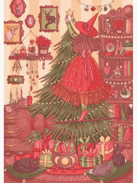 "Christmas Witch, Witchy, Witchcraft, Broom, Cat, Magical, Witchy Art" Greeting Card for Sale by MarigonaSuliArt | Redbubble Witchy Christmas, Christmas Witch, Yule Tree, Witch Wallpaper, Witchy Art, Fantasy Wizard, New Year Art, Scene Drawing, Cat Greeting Cards