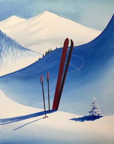 Learn to paint a Vintage Winter Skiing Ski Painting, Skiing Painting, Skiing Painting Easy, Ski Painting Acrylic, Skiers Painting, Skiing Canvas Painting, Ski Drawing, Ski Scene Illustration, Ski Hill Painting