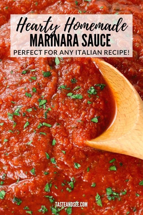 This Hearty Homemade Marinara Sauce is perfect for all your favorite Italian dishes! Serve it over pasta and meatballs, layer it into your favorite lasagna stuffed peppers, or alongside some yummy baked chicken strips or Parmesan Crusted Chicken. This marinara sauce recipe only requires a handful of ingredients and a 20-minute simmer on the stovetop! Pasta And Meatballs, Lasagna Stuffed Peppers, Best Marinara Sauce, Tomato Spaghetti, Baked Chicken Strips, Homemade Marinara Sauce, Marinara Recipe, Marinara Sauce Recipe, Garlic Breadsticks