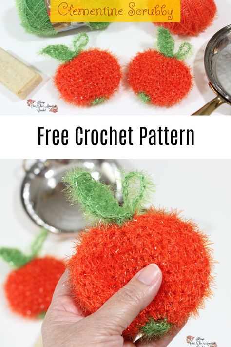 Two clementine scrubbies beside a bar of soap and a little copper skillet. Use the free crochet pattern to crochet these cuties. They fit perfectly in your hand, almost like a brillo pad. Mountain Crochet, Clean The Kitchen, Clementine Orange, Sparkle Yarn, Fruit Pattern, How To Crochet, Kitchen And Bath, The Mountain, Free Crochet Pattern