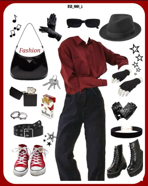 Red clothes, stylish Chuuya Nakahara Clothes Style, Chuuya Nakahara Inspired Outfit, Chuuya Clothes Style, Chuuya Casual Clothes, Chuuya Outfit Ideas, Chuuya Nakahara Outfit, Bsd Aesthetic Outfits, Chuuya Inspired Outfit, Bsd Outfit Ideas