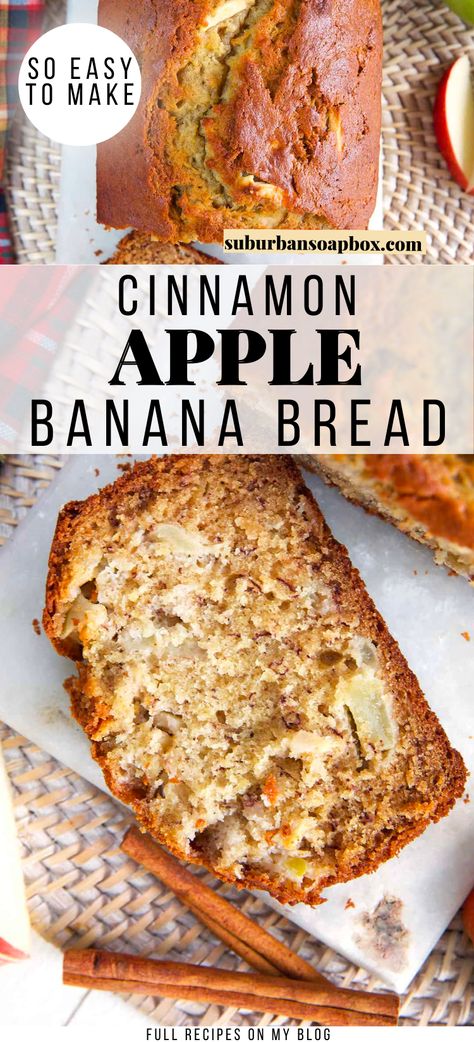 Cinnamon Apple Banana Bread might just be the BEST baked good you make all fall! Moist, sweet banana quick bread is enhanced with warm spices and is speckled with bites of tart Granny Smith Apples. Enjoy it all by itself or warmed with a smear of butter… With bread this scrumptious, there’s no bad way to take a bite! Apple Banana Bread Healthy, Things To Make With Granny Smith Apples, Banana Apple Dessert, Banana Bread With Apples, Cinnamon Apple Banana Bread, Banana Spice Bread, Banana And Apple Bread, Bread Machine Apple Cinnamon Bread, Oats Banana Bread Recipe