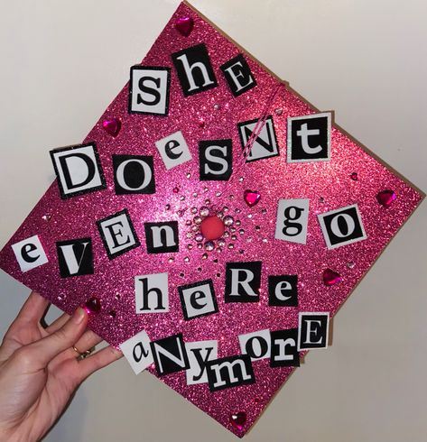 Heathers Graduation Cap, Girly Grad Caps, Grad Cap Inspo 2024, Graduation Cap Pink, Girly Graduation Cap, Unique Graduation Cap Designs, Grad Cap Ideas, Grad Hats, Grad Hair