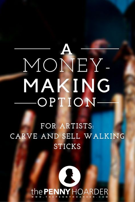 All you need is a knife, a walk in the woods and a bit of carving, and you're ready to make money selling walking sticks. Here's how it's done. - The Penny Hoarder http://www.thepennyhoarder.com/money-making-option-artists-carve-sell-walking-sticks/ Wooden Walking Sticks Carving Wood, Walking Sticks Diy, Walking Sticks Ideas Homemade, Whittling Patterns, Wood Carving Knife, Unique Walking Sticks, Talking Sticks, Chainsaw Sharpener, Trail Life