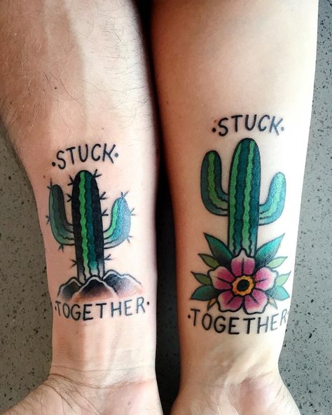 Jordan Wise on Instagram: “We're a "prickly pair", that's for sure. Arizona, we 🖤 you 🌵#stucktogether with @yourrandomhero THANK YOU @highnoontattoo @tattoovinnie…” American Traditional Cactus, Traditional Cactus Tattoo, Traditional Cactus, Succulent Tattoo, Tato Tradisional, Small Matching Tattoos, Celestial Tattoo, Couple Matching Tattoo, Cactus Tattoo