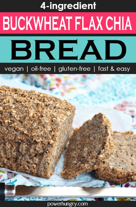 Healthy and wholesome 4-ingredient buckwheat flax chia bread is a perfect go-with everything bread! It is vegan, gluten-free, oil-free, & easy to make, too. #buckwheat #flax #chia #easybread #bread #4ingredients #oilfree #glutenfree #glutenfreebread #fastrecipe #easyrecipe #healthybread #flourless #flourlessbread #cleaneating #cleaneats #fitnessfood Vegan Buckwheat Bread, Chia Flour Recipes, Fermented Buckwheat Bread, Buckwheat Bread Machine Recipe, Everything Bread, Chia Bread, Buckwheat Flour Recipes, Flax Bread, Flourless Bread