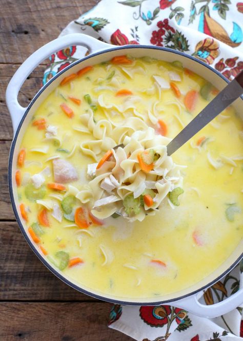 Make the most of your leftovers with this Creamy Turkey Noodle Soup - get the recipe at barefeetinthekitchen.com Creamy Turkey Noodle Soup, Turkey And Noodles Recipe, Cream Of Turkey Soup, Best Turkey Soup, Creamy Turkey Soup, Homemade Turkey Soup, Turkey Wild Rice Soup, Turkey Vegetable Soup, Ground Turkey Soup