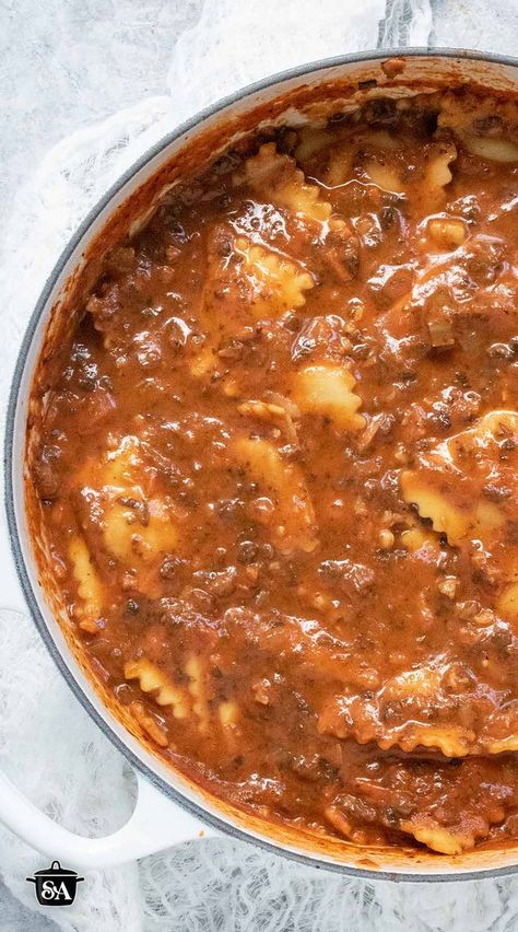 Overhead view of Ravioli Soup in a white Dutch Oven How To Make Ravioli, Ravioli Soup, Comfort Soup Recipes, Comforting Soup, Cremini Mushrooms, Comfort Soup, Bowl Of Soup, Spaghetti Sauce, Soup Pot