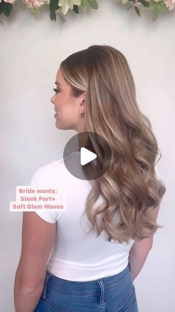 Center Part Formal Hairstyles, Down Middle Part Wedding Hair, Slick Front Wedding Hair, Bridal Hairstyles Waves, Slick Back Down Hairstyles Wedding, Wedding Hairstyle Waves, Pageant Hair Down Curls, Bridesmaid Waves Hair, Sleek Glam Hair