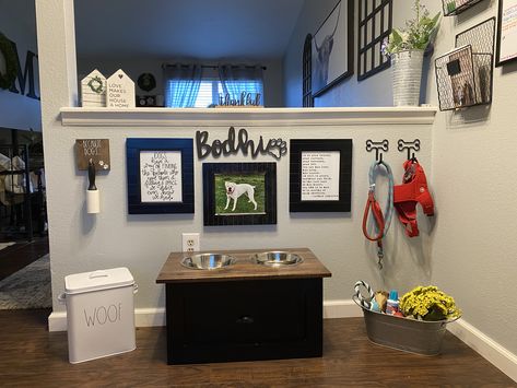 Dog feeding station Dog’s Corner Dog Area Living Room, Dog Corners In House, Pet Treat Organization, Cute Dog Feeding Area, Dog Section In Apartment, Feeding Station For Dogs, Doggie Station, Pet Feeding Station Ideas, Dog Station Ideas Spaces