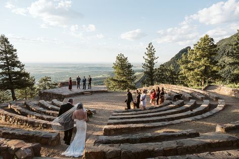 Bride and her father walk down the aisle for an intimate wedding at Sunrise Amphitheater in Boulder, Colorado wiht views of the Flatirons in the background. Sunrise Amphitheater Boulder Wedding, Sunrise Amphitheater Wedding, Amphitheater Wedding, Boulder Wedding, Gold Hill, Boulder Co, Photography Guide, Boulder Colorado, Morning Wedding