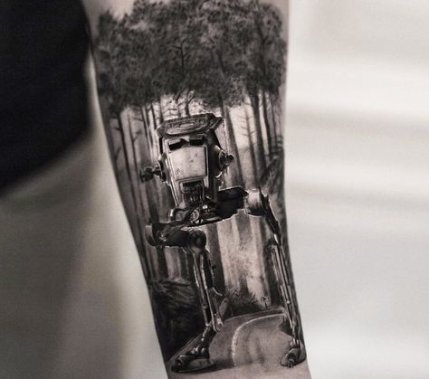 Star Wars tattoo by Bro Studio | Photo 18848 Star Wars Tattoo Sleeve, Nerdy Tattoos, At Rt, Hyper Realistic Tattoo, Star Wars Imperial, Naruto Tattoo, Clever Tattoos, Realistic Tattoo, Star Wars Tattoo