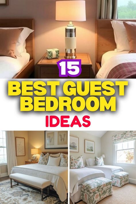 A graphic displaying two elegant guest room setups with the text "15 Best Guest Bedroom Ideas." The top half features two twin beds, separated by a nightstand with a lamp, highlighting soft bedding colors. The bottom half shows two separate guest rooms: one with a large bed decorated with white linens and floral pillows, and the other featuring two beds with plush pillows and floral-patterned storage ottomans. Both rooms include large windows allowing natural light to flood in. Guest Bed Inspiration, Double Bed Guest Room, Guest Room Bedding Ideas, Guest Room Layout, Guest Bedroom Ideas Modern, Room Bedding Ideas, Guest Bedroom Designs, Guest Bedroom Furniture, Modern Guest Room