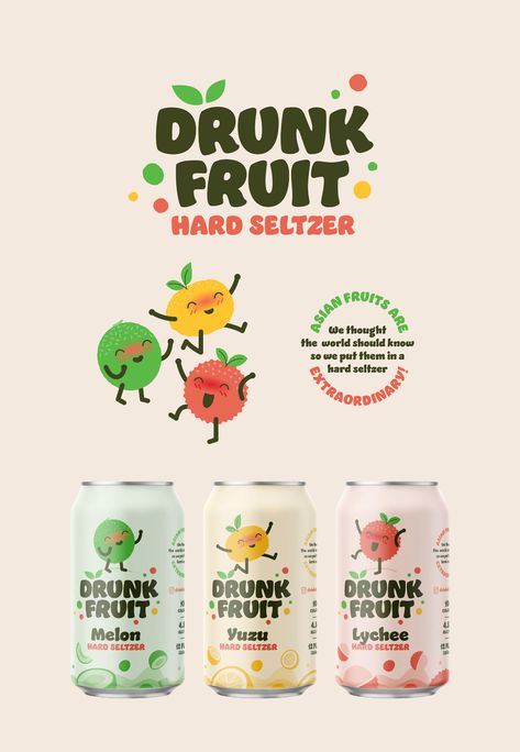 Drunk Fruit Hard Seltzer on Behance Fruit Drink Packaging Design, Beverage Graphic Design, Fruit Drink Packaging, Drink Branding Design, Product Poster Layout, Fruit Logo Branding, Juice Branding Design, Smoothie Branding, Smoothie Design