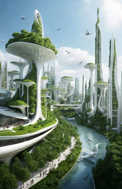 Future Nature City, Future Green City, Futuristic Green City, Scifi City, Ancient Greek City, Green Roofs, Eco City, Sci Fi City, Animals And Plants