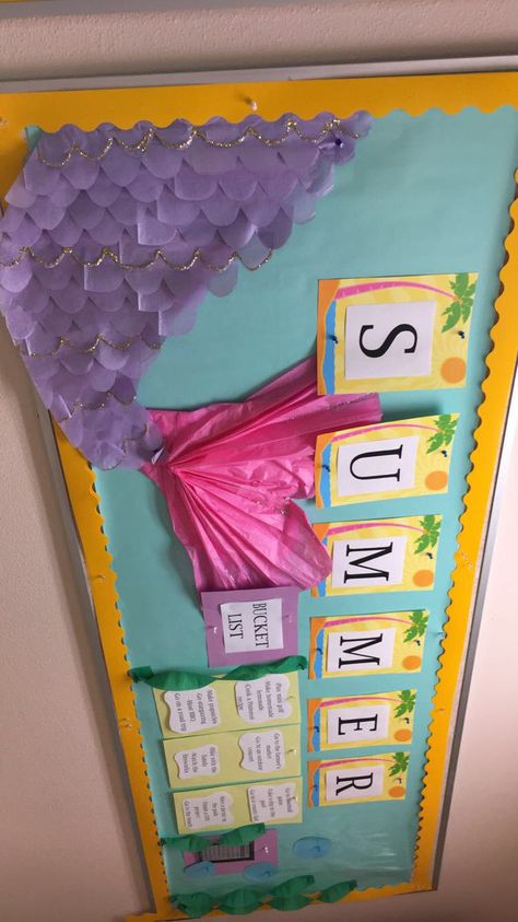 Under the Sea bulletin board. Mermaid tail. Tissue paper. Mermaid Door Decorations Classroom, Mermaid Bulletin Board Ideas, Mermaid Door Decorations, Little Mermaid Bulletin Board, Mermaid Classroom Theme, Mermaid Bulletin Board, Under The Sea Bulletin Board Ideas, Under The Sea Bulletin Board, Mermaid Classroom