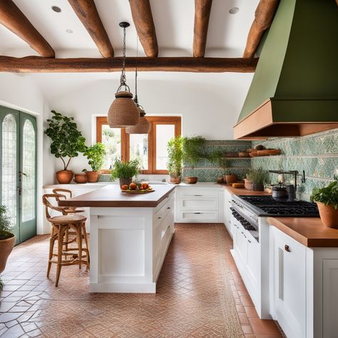 🏠🍃 Cozy kitchen vibes with terracotta floors & white cabinets. Love the wooden island + stools, unique Morrocan lights, and leafy plants. Natural light from arched doors & windows. 🌿✨ Perfect blend of rustic & modern! #KitchenGoals #HomeDecor #TerracottaFloors #NaturalLight #odastudioAI #odaAIstudio #odastudio  #kitchendecor #kitchendesign #kitchenideas #kitchenstyle #kitcheninspiration #modernkitchen #rustickitchen #kitcheninterior #homedecor #kitchenremodel Terracotta Floor Kitchen, Kitchen Terracotta Floor, Kitchen With Terracotta Floor, Terracotta Backsplash, Boho Farmhouse Kitchen, Farmhouse Kitchen Flooring, Hacienda Kitchen, Moroccan Lights, Terracotta Floors