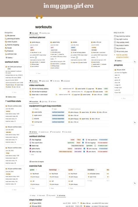 super cute gym/pilates girl era workout planner in notion! Workout Planner Aesthetic, Notion Fitness Tracker, Gym Notion, Workout Log Template, Time Organization, Gym Girlie, Monthly Workout Plan, Pilates Girl, Notion Inspo