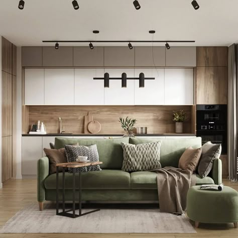 Green Scandinavian Living Room, Open Kitchen And Living Room, Simple Living Room Decor, Black And White Living Room, Small Apartment Interior, Living Room Decor Inspiration, Open Living Room, House Design Kitchen, Brown Living Room