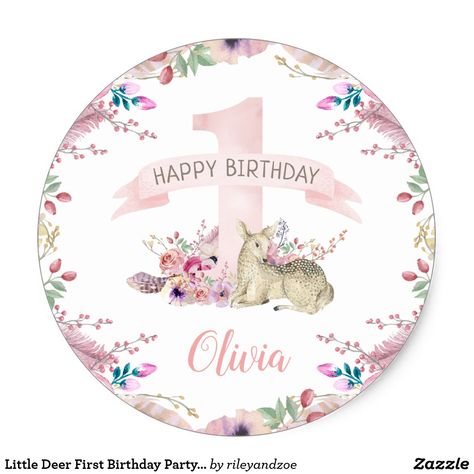 Little Deer First Birthday Party Personalized Classic Round Sticker Affordable custom printed first birthday party stickers with an easy to use template. This elegant design features a sweet pink watercolor number one surrounded by boho flowers and a baby deer. Perfect for a whimsical woodland little girl's first birthday party! ❤ Affiliate ad link.  Fun birthday party invites - customize your invitations or products. #birthdayparty #invites #invitations Deer First Birthday, Happy Birthday Olivia, Forest Birthday, Birthday Party Invites, Whimsical Woodland, Birthday Party Stickers, Party Stickers, Fun Birthday Party, Boho Flowers