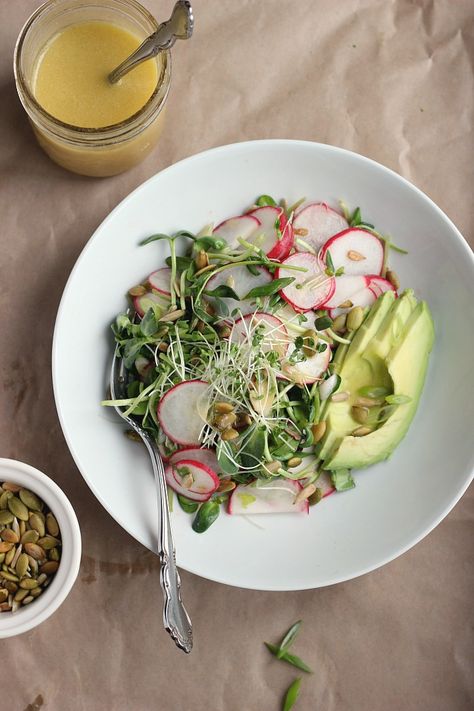 Avocado, Radish + Sprout Salad with Tangy Miso Dressing ⎮ happy hearted kitchen Cucumber Radish Salad, Radish Greens Pesto, Spring Radish Salad, Smitten Kitchen Salad, Smitten Kitchen Carrot Salad, Miso Dressing, Healthy Bowls Recipes, Sprouts Salad, Radish Salad