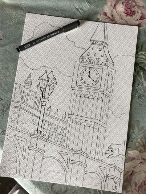 Drawing Craft Ideas, Drawings Of Cities, City Landscape Drawing, England Drawing, Big Ben Drawing, Building Sketches, London Drawing, رسم كاريكاتير, Whimsical Art Journal