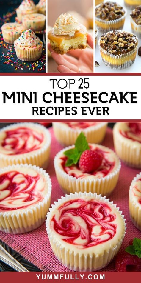 If you’re cooking for a crowd or it’s your turn to bring sweet treats to a party, any of these Mini Cheesecake recipes will win the prize at the dessert table! From fruit-flavored creamy delights to chocolate delicacies, be sure to save one for yourself, because they will definitely disappear before your very eyes! Easy Sweet Treats For Party, Muffin Cheesecake Recipes, Mini Dessert Cups For Parties, Single Serve Christmas Desserts, Mini Cheesecake Flavors, Housewarming Desserts, Mini Cheesecakes Christmas, Cheesecake Mini Recipes, Mini Cheese Cakes Muffin Tins